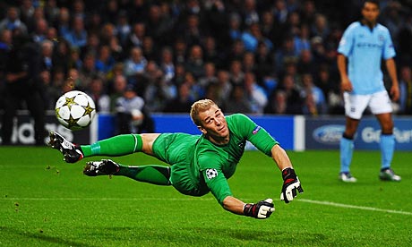 Manchester City's Joe Hart makes a save against Borussia Dortmund