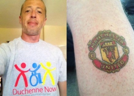 Man City fan Mike shows off his Manchester United tattoo to raise money for his son.